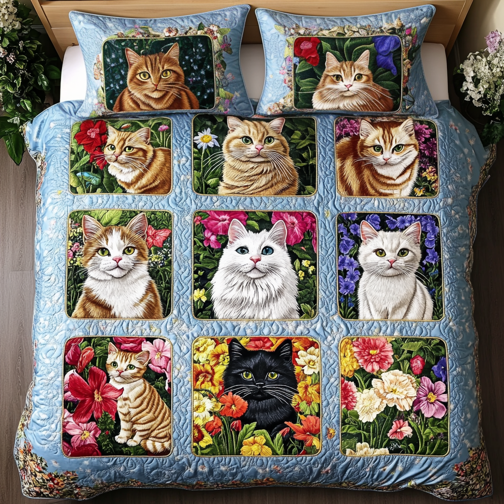 Cozy Cats Quilted Bedding Set Unique Bed Sheet Set Kitty Christmas Gifts