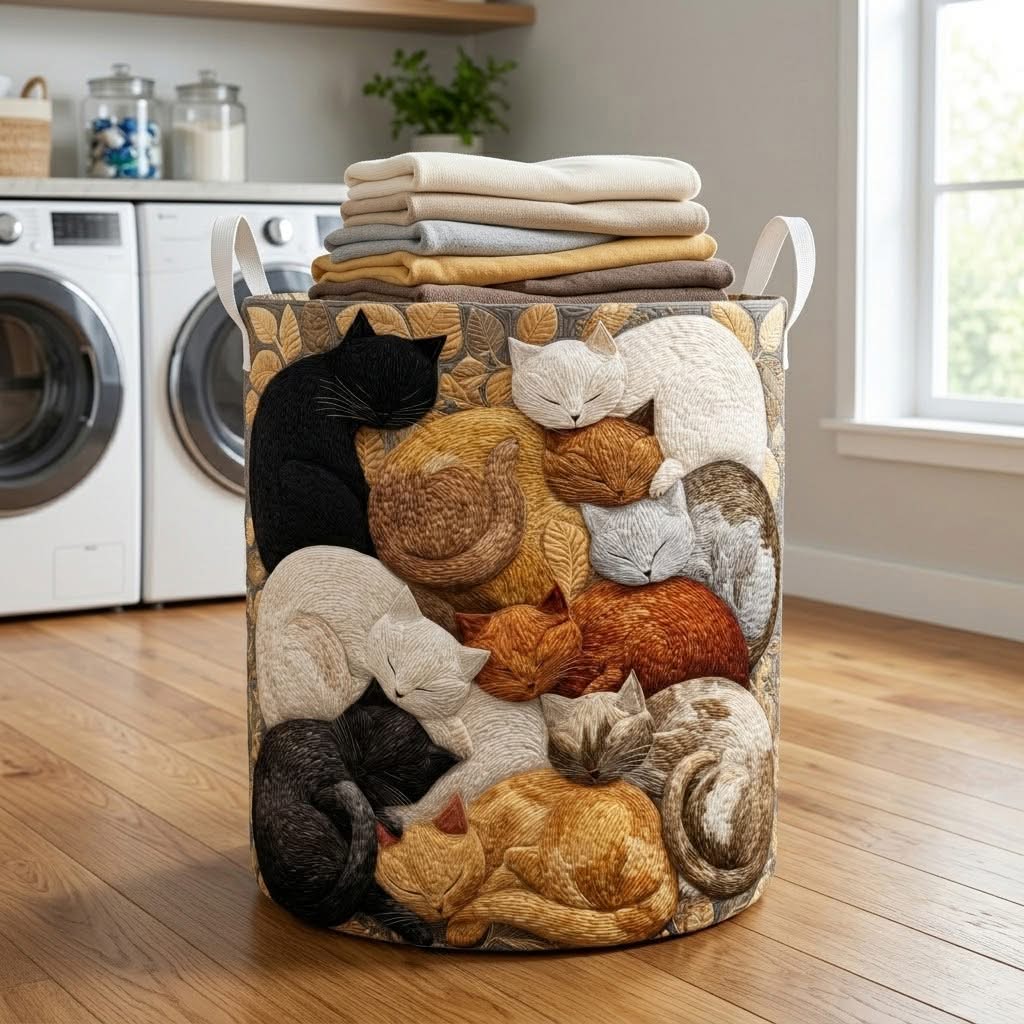 Cozy Cats Snuggle Pile Quilted Laundry Basket Cat Lover Home Decor Best Gift For Cat Parents Fans