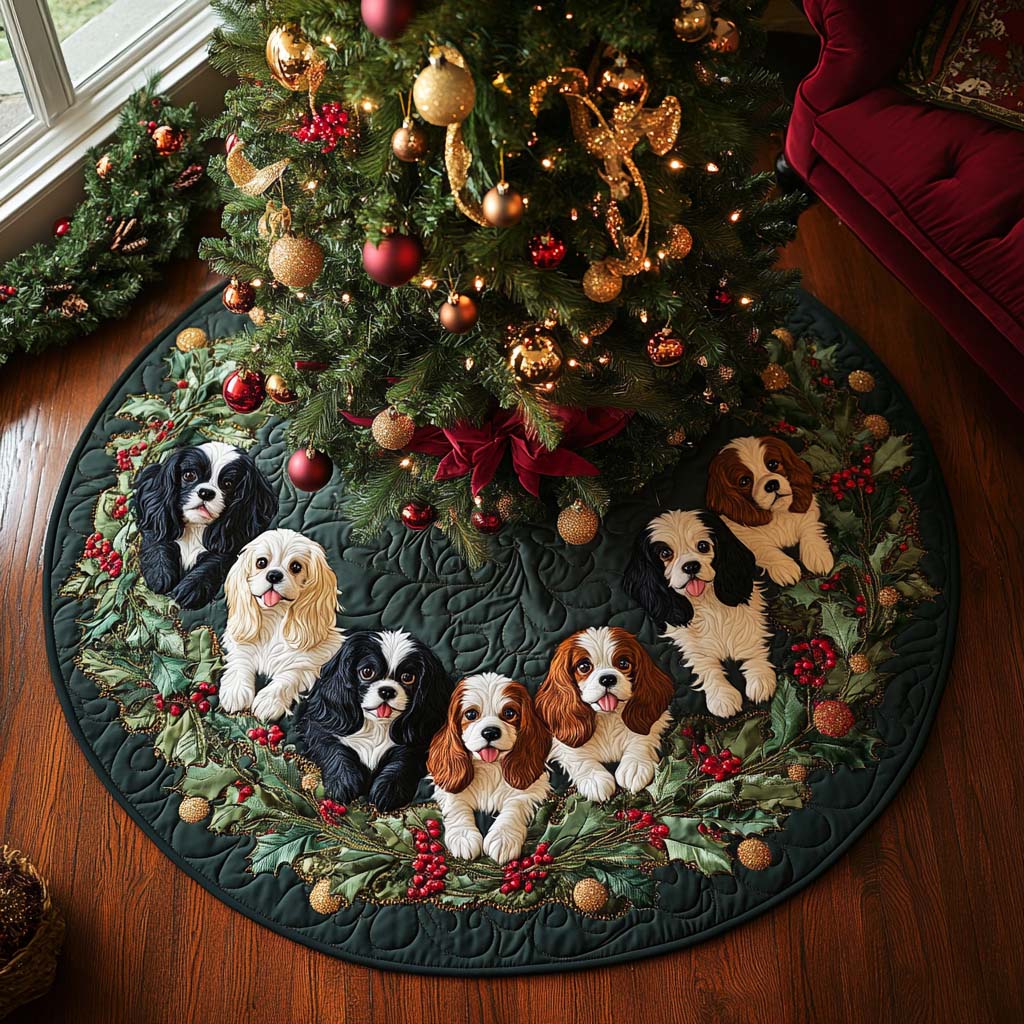 Cozy Cavalier Quilted Christmas Tree Skirt Xmas Home Decor Unique Gifts For Dog Lovers