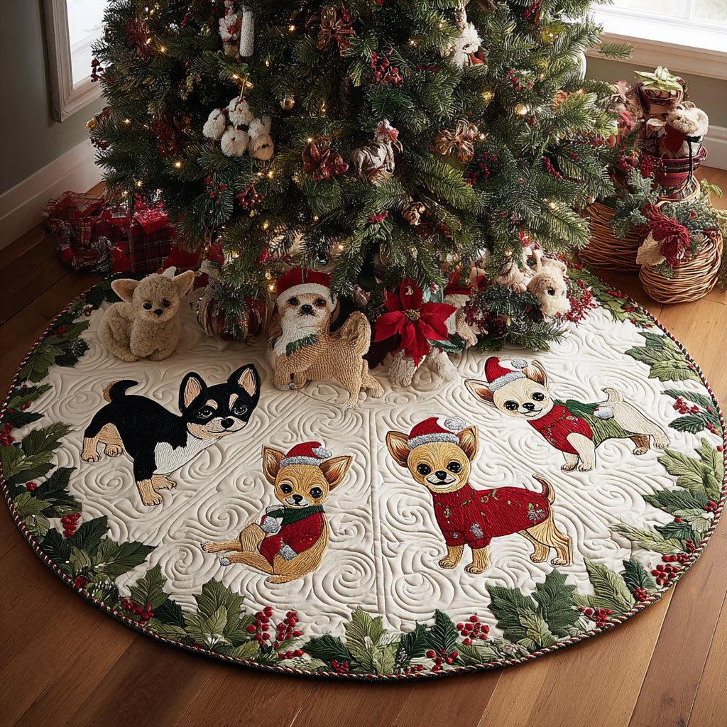 Cozy Chihuahua Quilted Christmas Tree Skirt Exclusive Holiday Tree Skirt Gift for Families Festive Christmas Tree Skirt for Holiday Decor