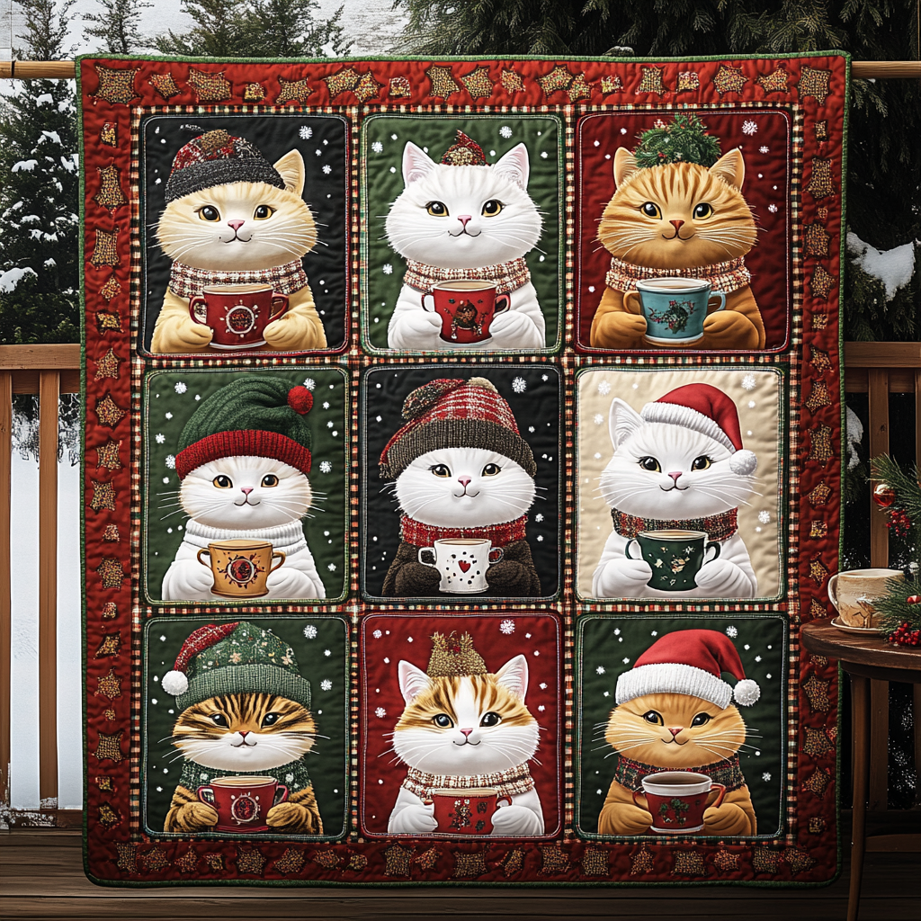 Cozy Christmas Cats Quilted Blanket Christmas Presents For Cat Lovers