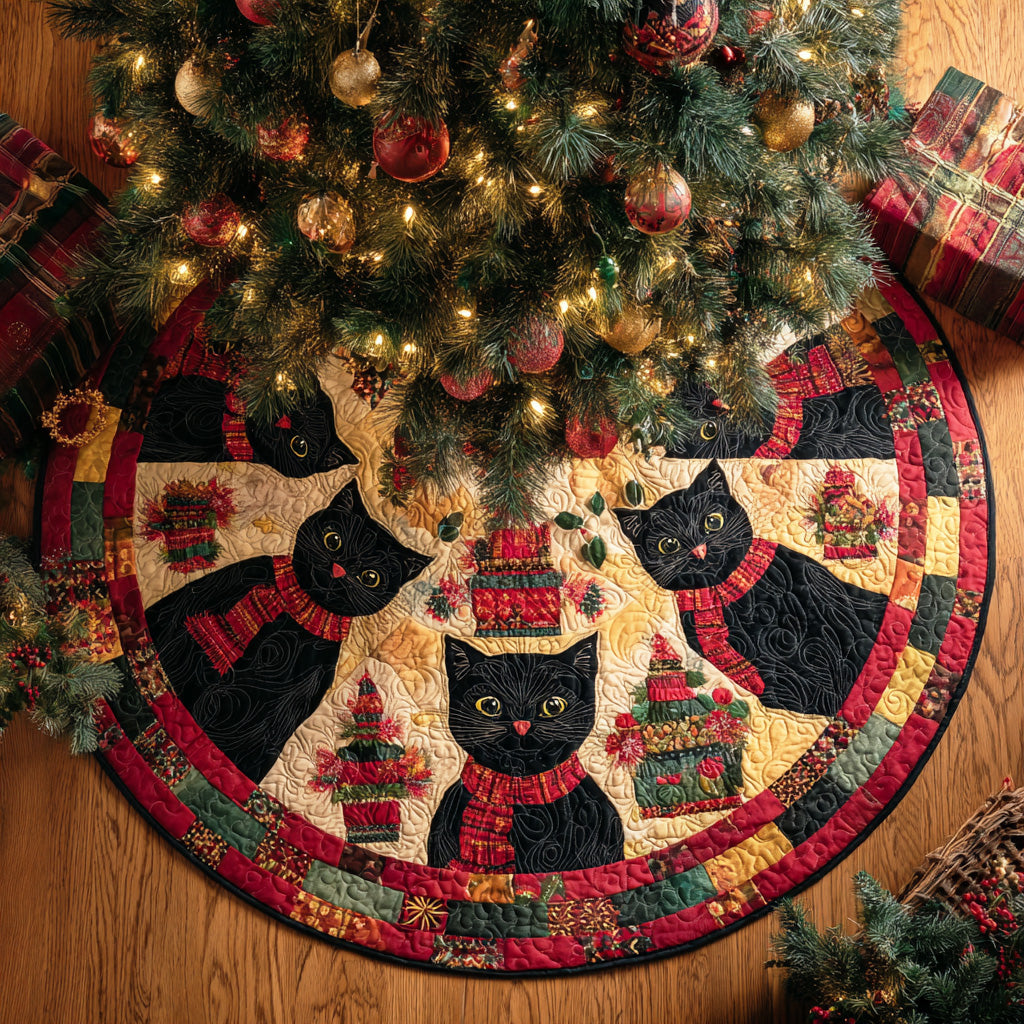 Cozy Christmas Feline Christmas Quilted Tree Skirt Xmas Decorations Black Cat Merchandise Gifts