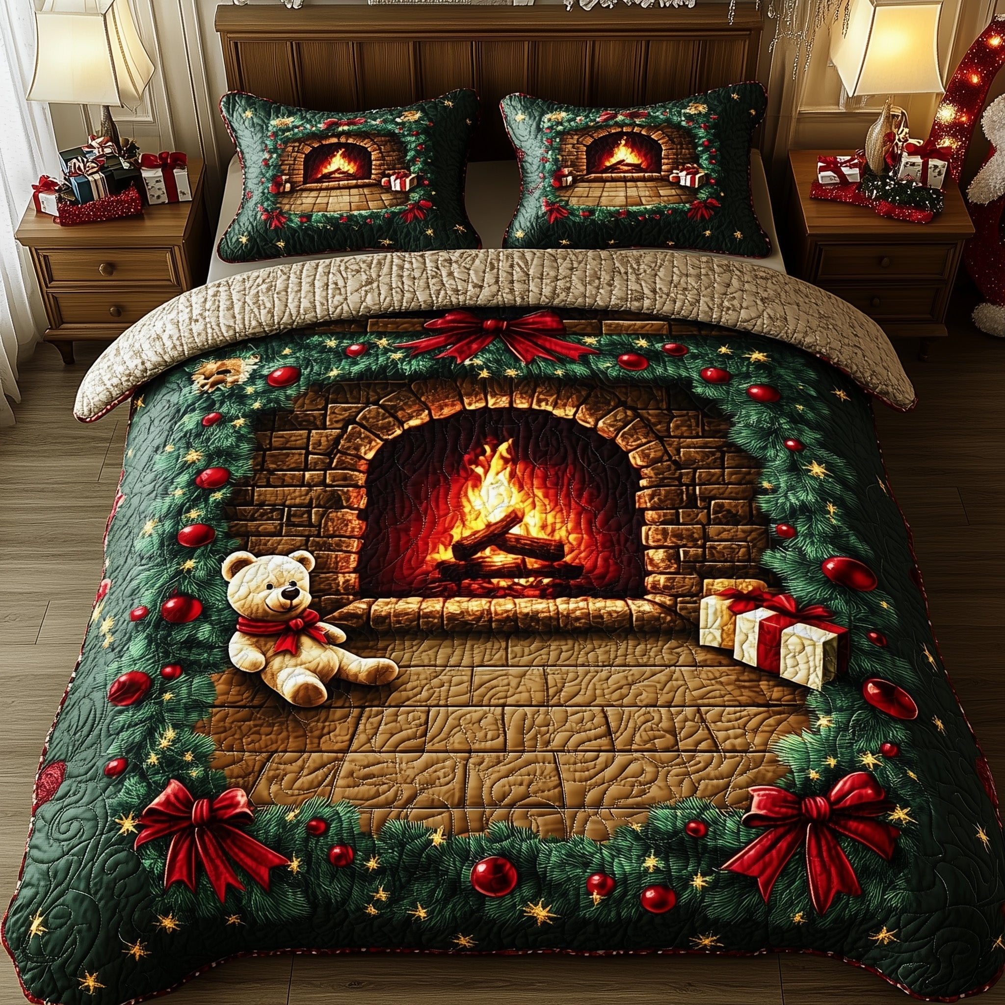 Cozy Christmas Fireplace Duvet Cover Set Back To School Merch
