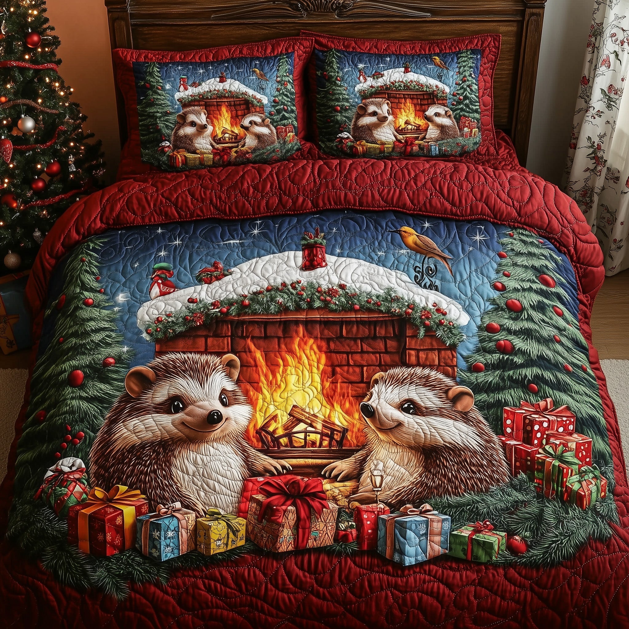 Cozy Christmas Fireplace Duvet Cover Set Holiday Season Merch