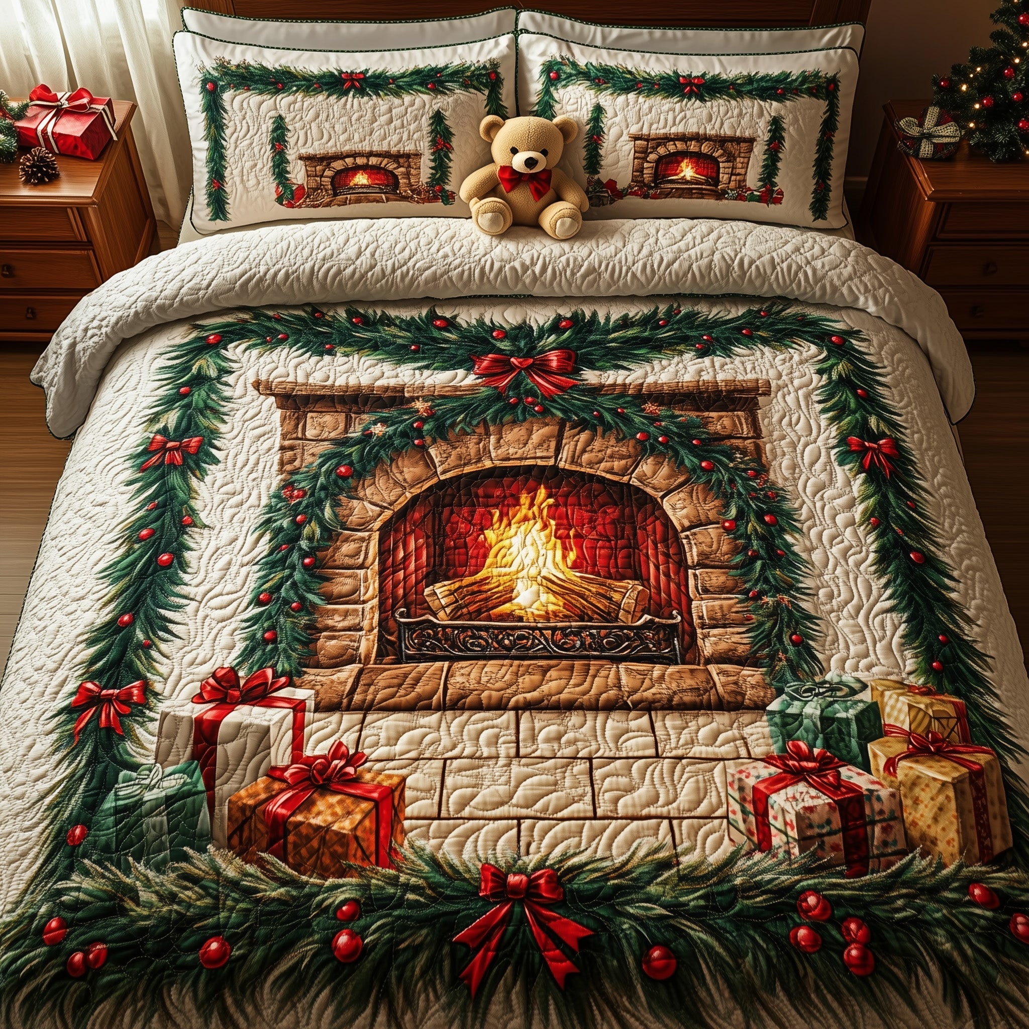 Cozy Christmas Fireplace Duvet Cover Set Merch For Couples