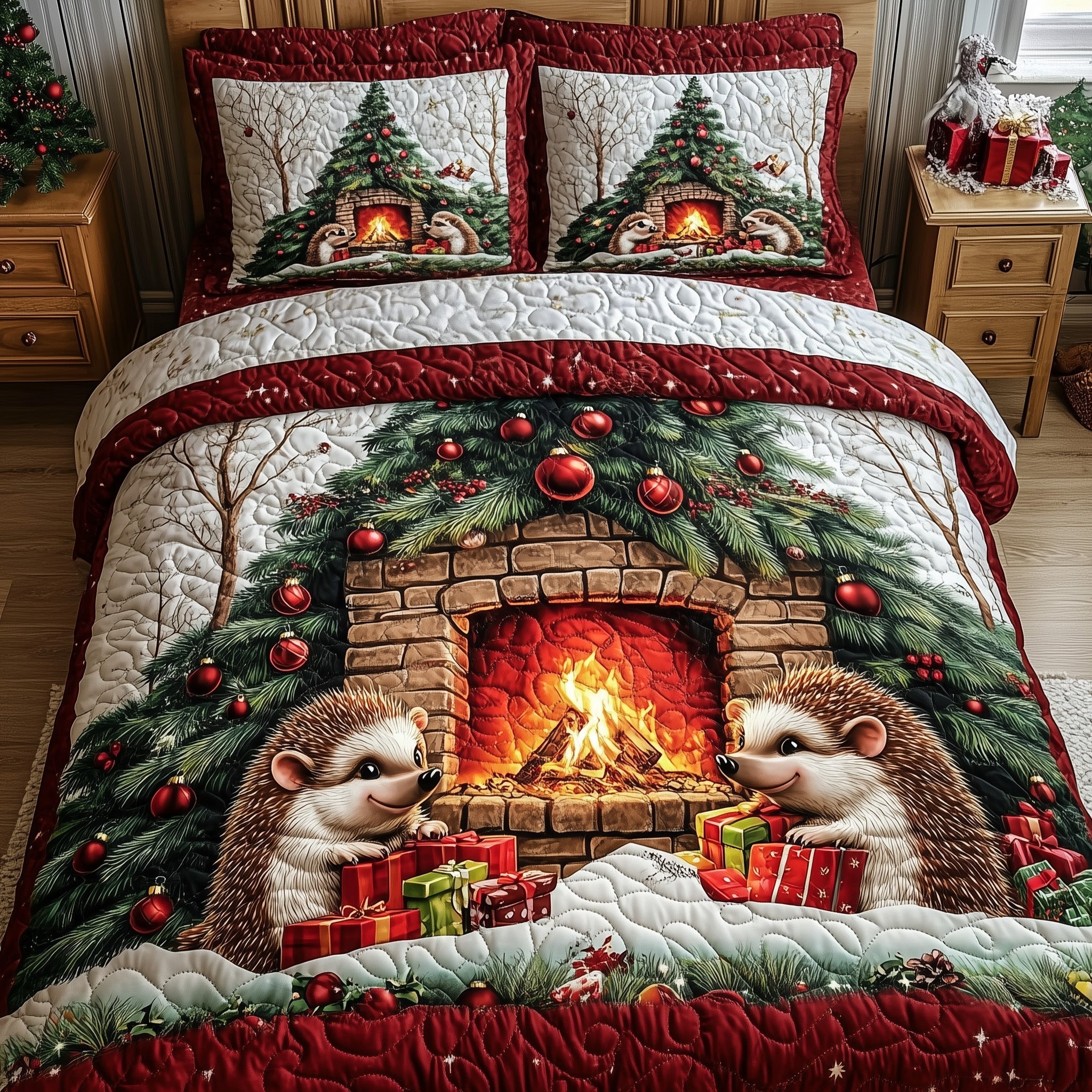 Cozy Christmas Fireplace Duvet Cover Set Merch For Family