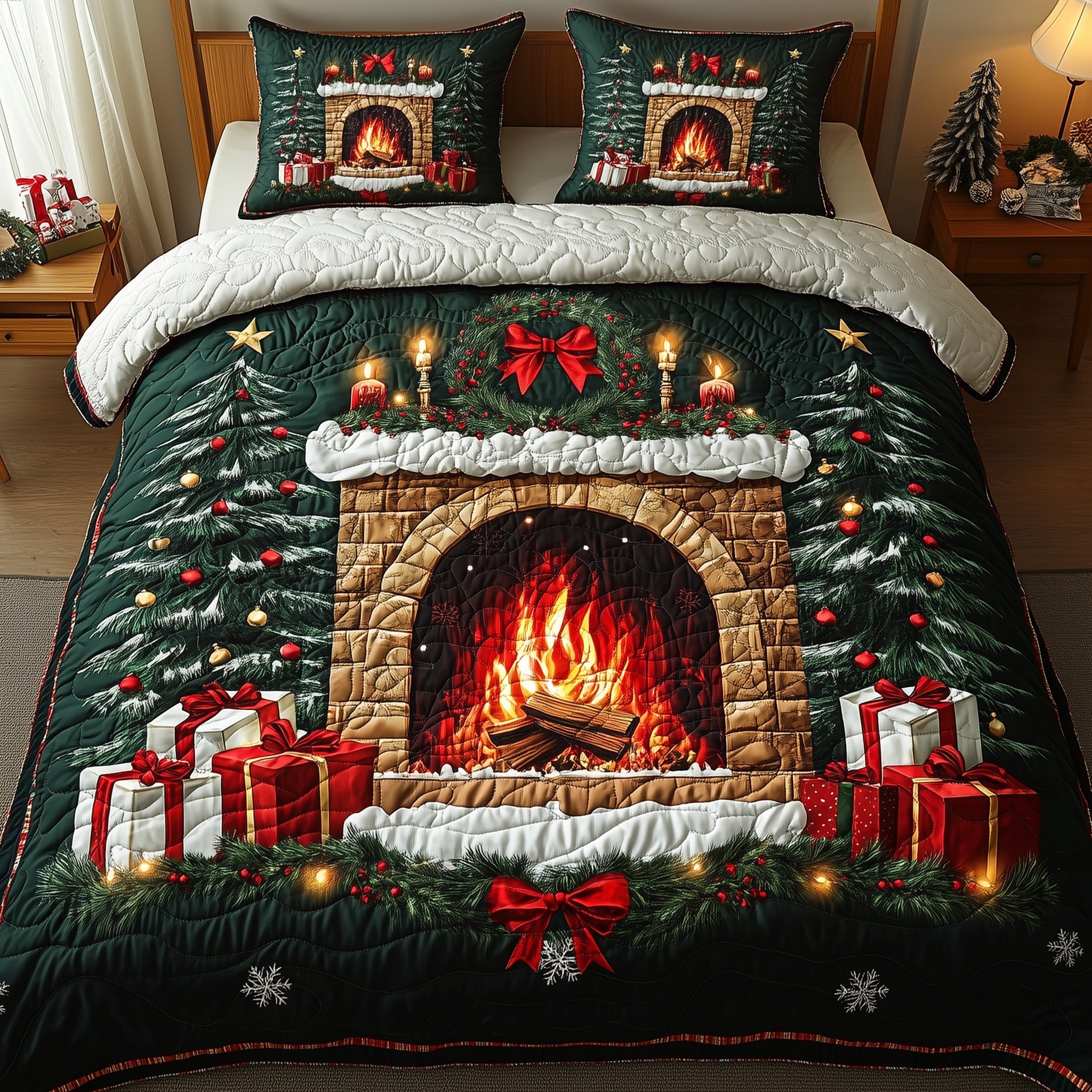 Cozy Christmas Fireplace Duvet Cover Set Merch For Friends