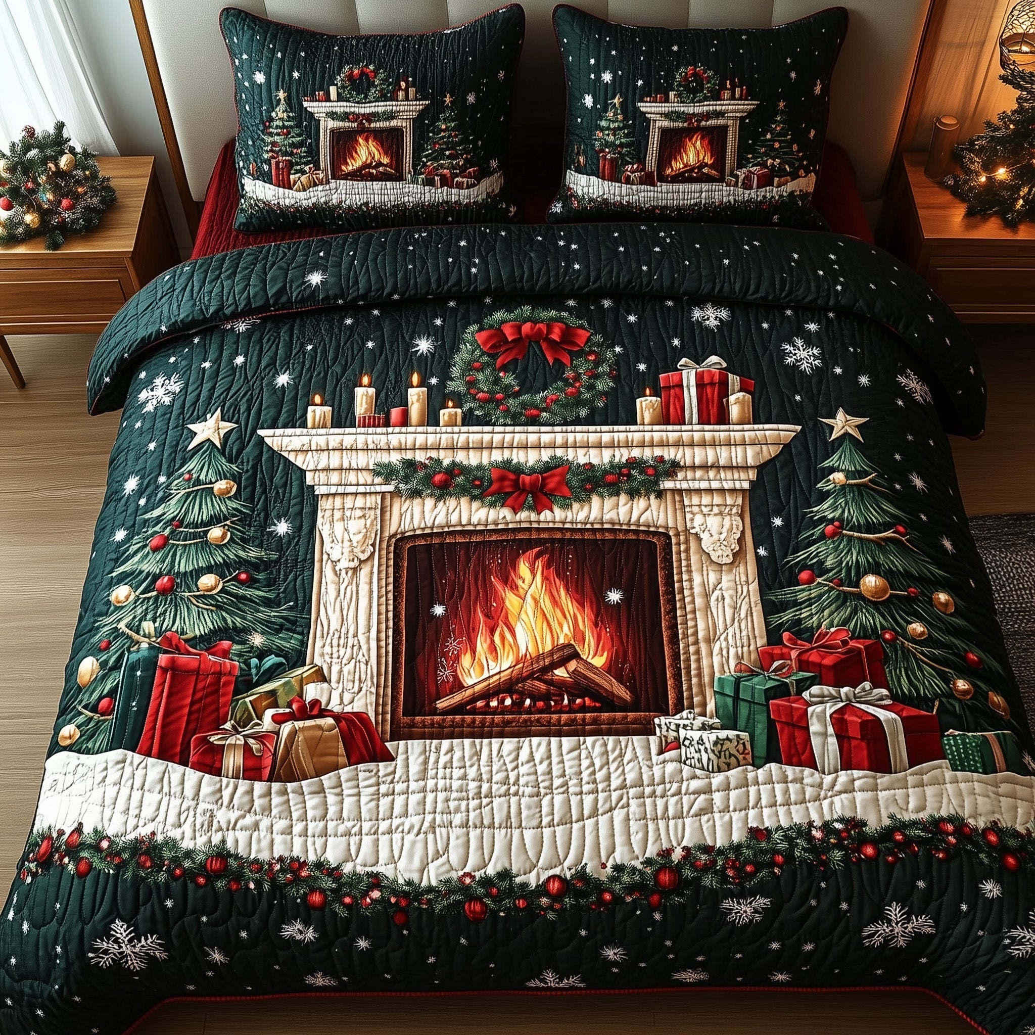 Cozy Christmas Fireplace Duvet Cover Set Merch For Kids