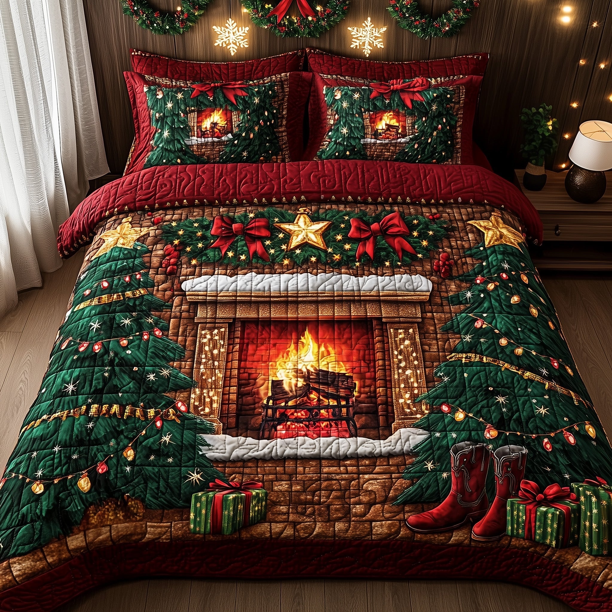 Cozy Christmas Fireplace Duvet Cover Set Summer Merch Vibes