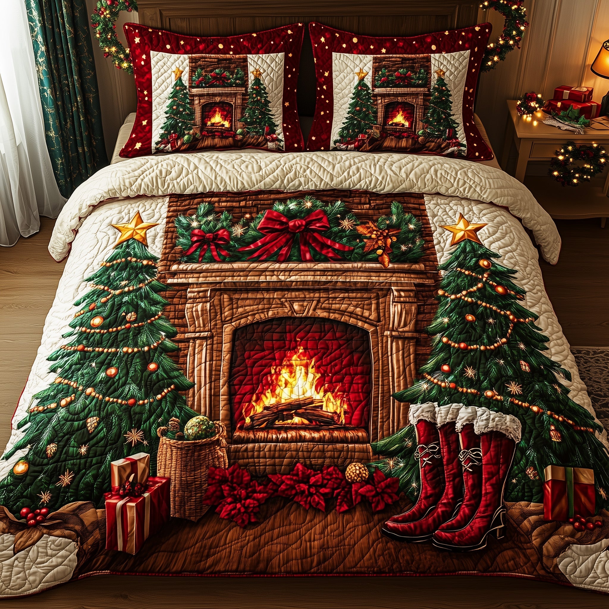 Cozy Christmas Fireplace Duvet Cover Set Winter Merch Essentials