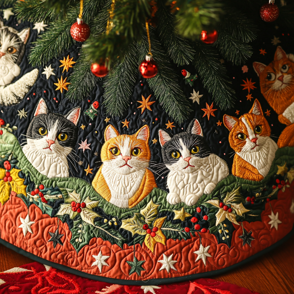 Cozy Christmas Kitty Christmas Quilted Tree Skirt Festive Christmas Tree Skirt for Holiday Decor