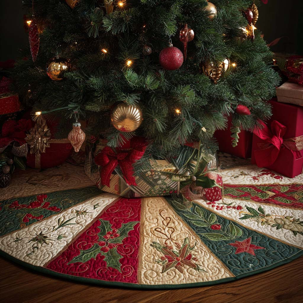 Cozy Christmas Quilted Tree Skirt Holy Leaves Pattern Christmas Tree Decor Xmas Gift Ideas