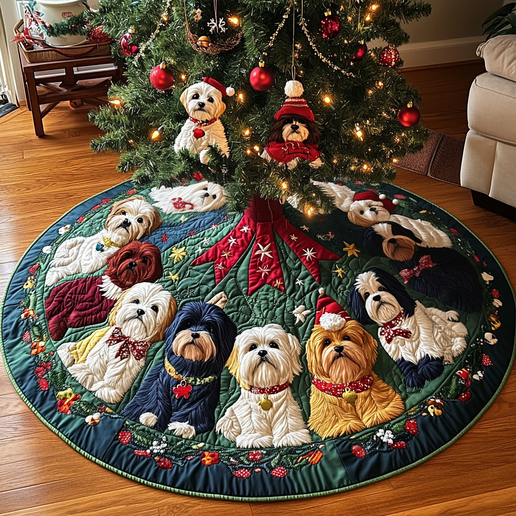 Cozy Christmas Shih Tzu Christmas Quilted Tree Skirt Charming Tree Skirt for Family Gatherings