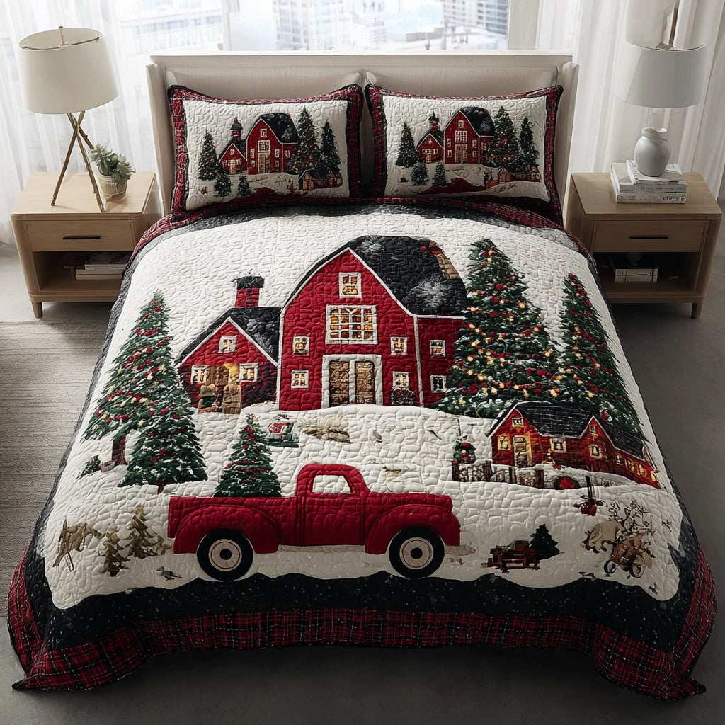 Cozy Christmas Village Truck Quilted Bedding Set Holiday Duvet Covers Stocking Stuffers For Adults