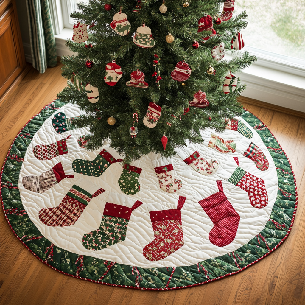 Cozy Circle Christmas Quilted Tree Skirt Holiday Tree Base Decoration Family Holiday Gathering Decor