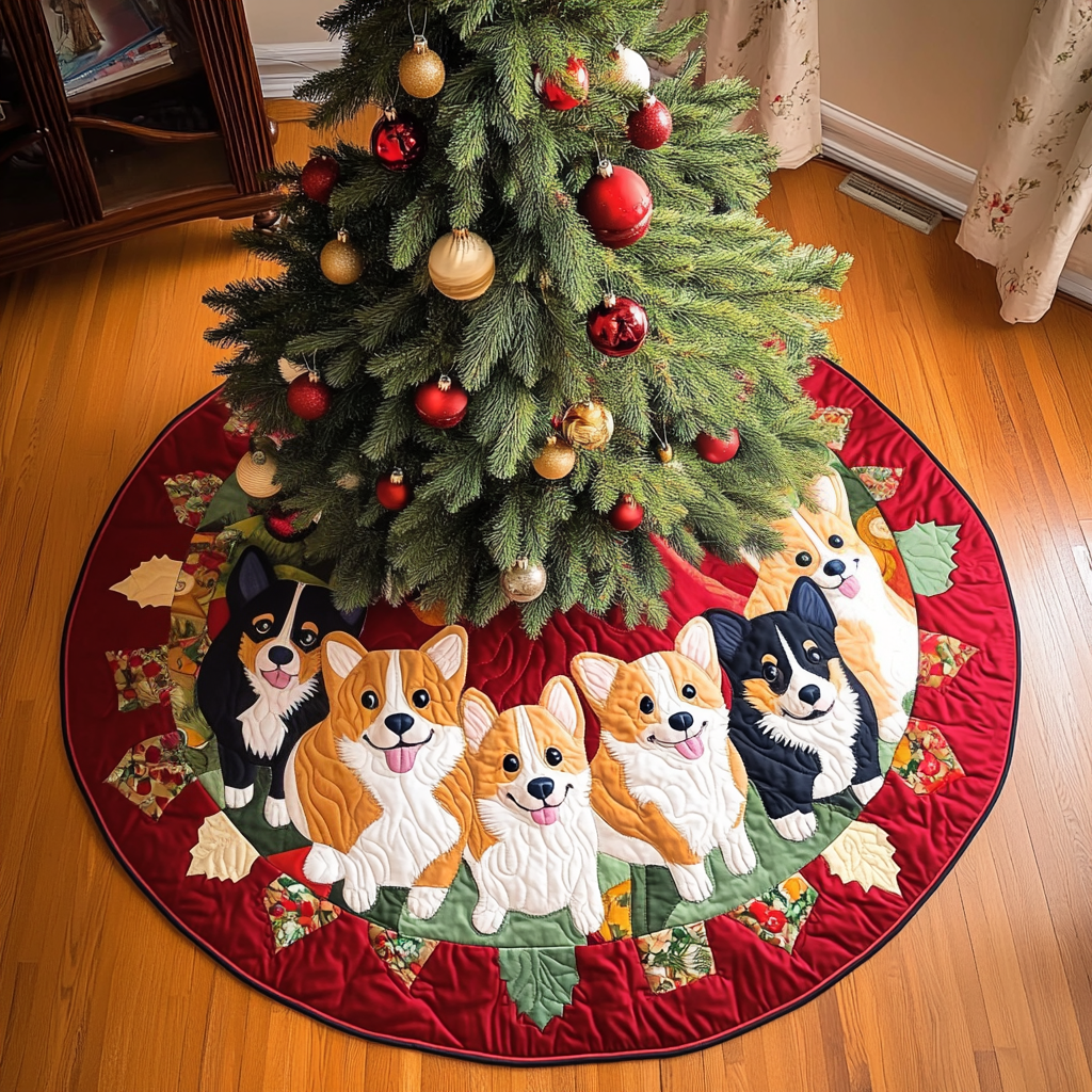Cozy Corgi Christmas Chritstmas Quilted Tree Skirt Lovely Gift Merch for a Festive Home