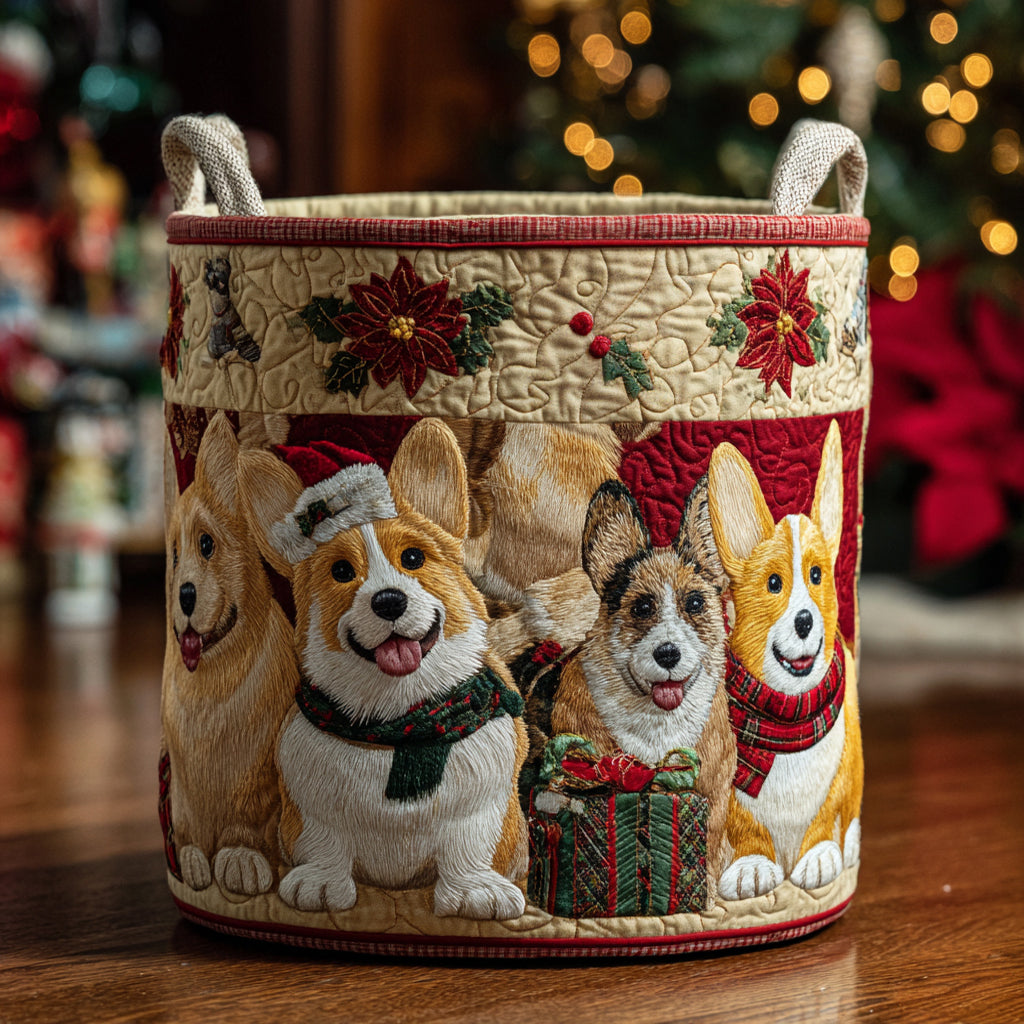 Cozy Corgi Holiday Quilted Laundry Basket Best Quilted Laundry Basket Gift for Friends and Family
