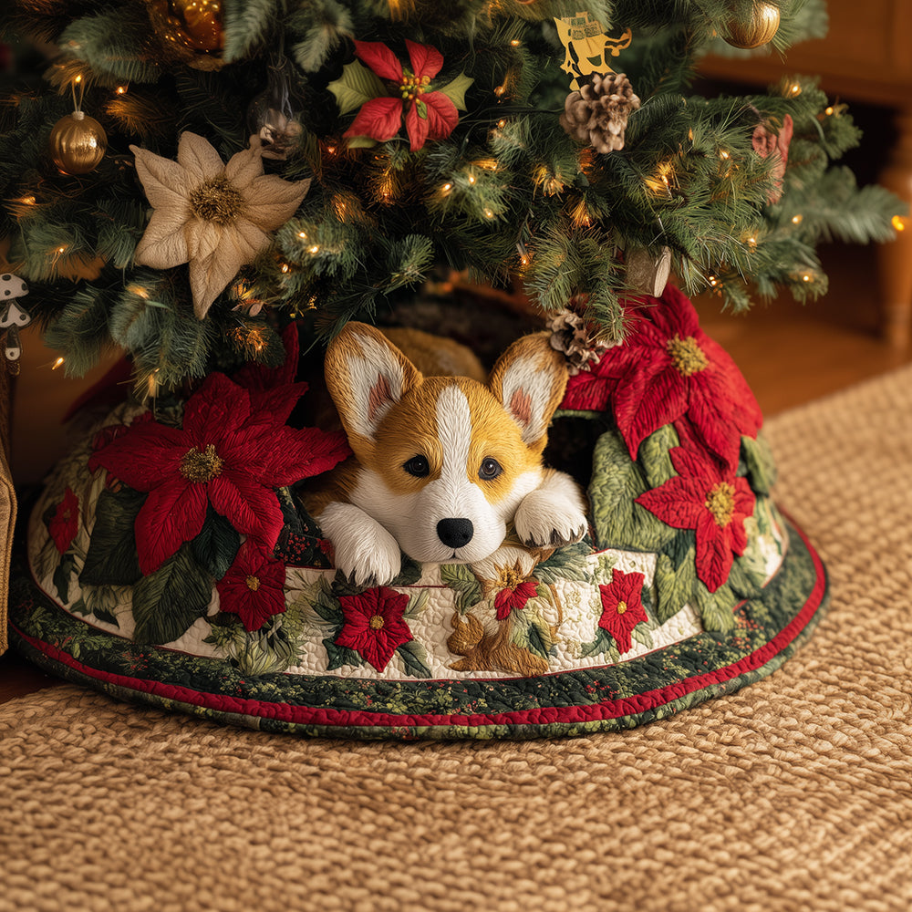 Cozy Corgi Nest Christmas Quilted Tree Skirt Xmas Tree Decor Cute Corgi Gifts