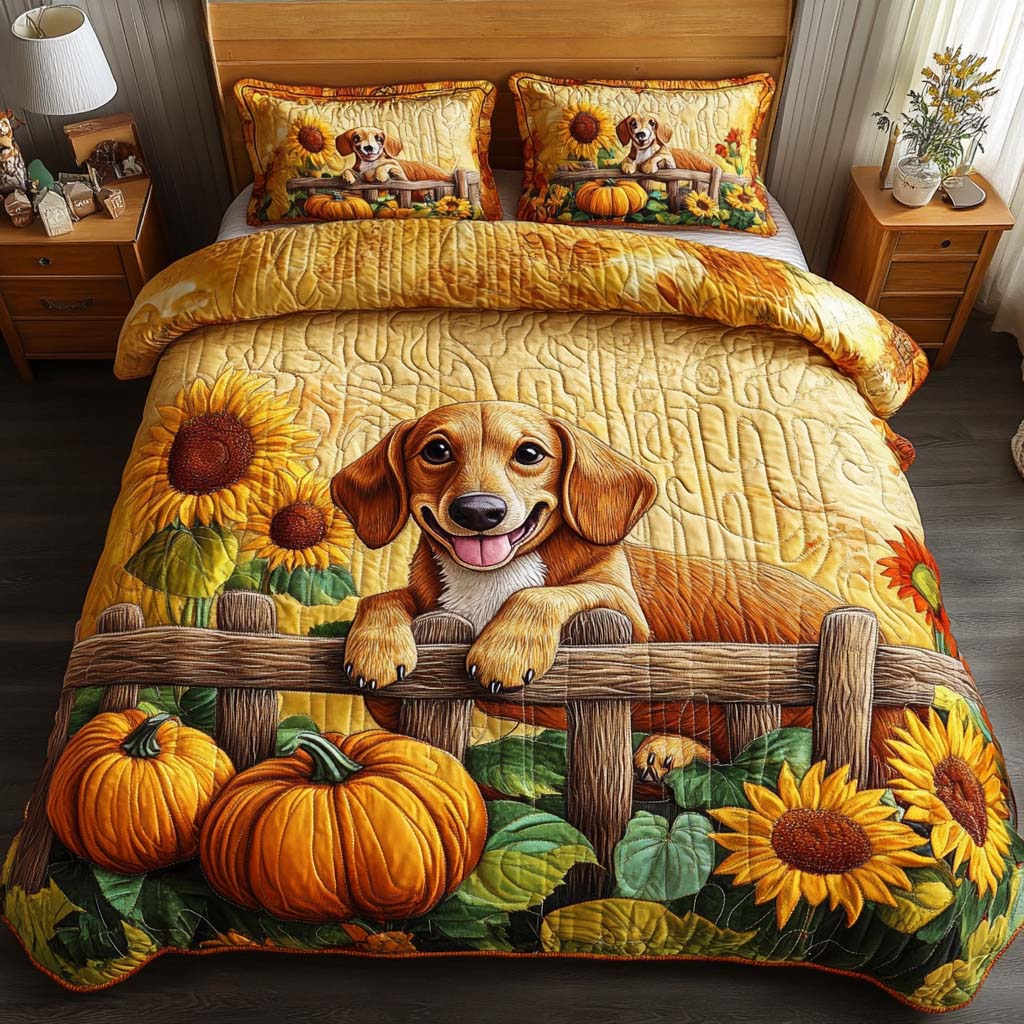 Cozy Dachshund Quilted Bedding Set Autumn Themed Bed Sheets Dachshund Gifts For Dog Lovers