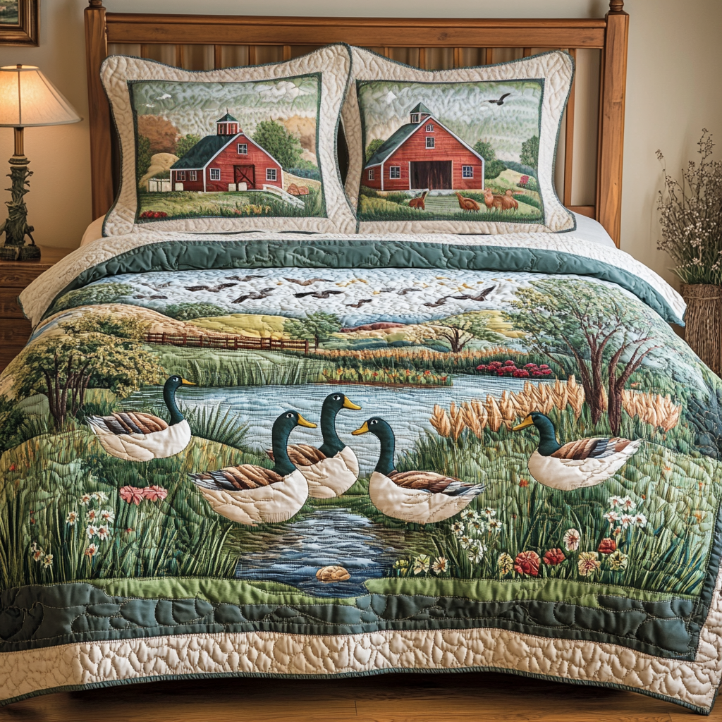 Cozy Ducks Quilted Bedding Set Holiday Duvet Cover Set Duck Themed Presents