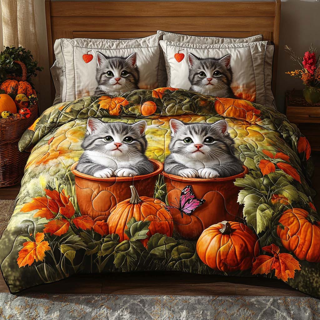 Cozy Feline Fall Quilted Bedding Set Holiday Duvet Covers Gifts For Cat People