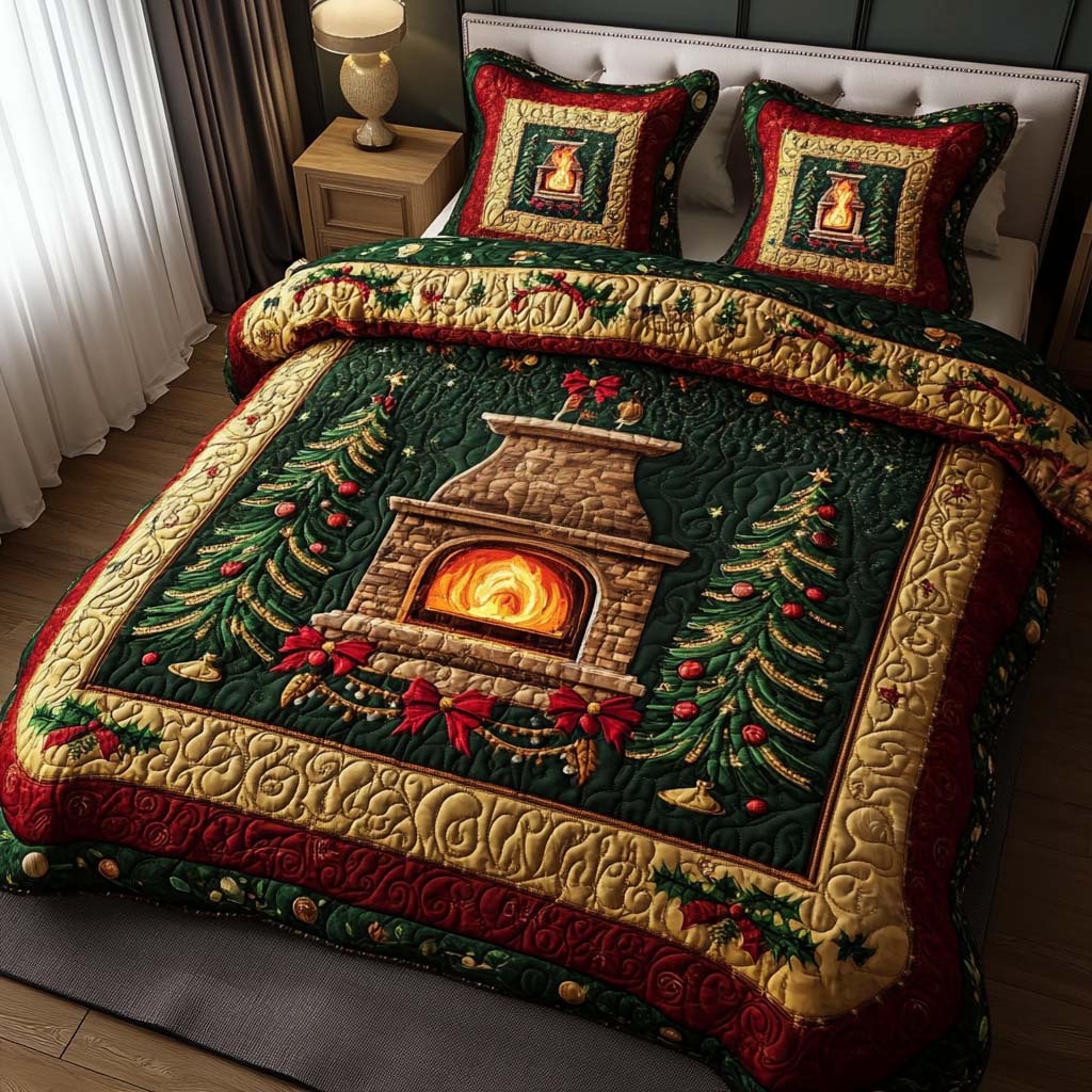 Cozy Fireplace Quilted Bedding Set Holiday Duvet Cover Set Great Family Xmas Gifts