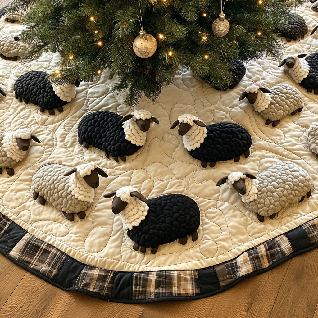 Cozy Flock Quilted Christmas Tree Skirt Festive Tree Base Cover