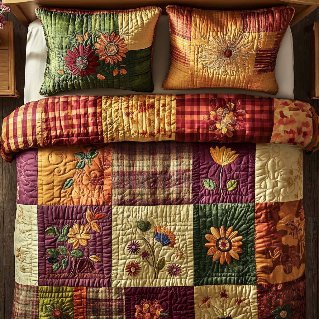 Cozy Floral Autumn Quilted Bedding Set Luxury Comforter Gift Set for Him or Her