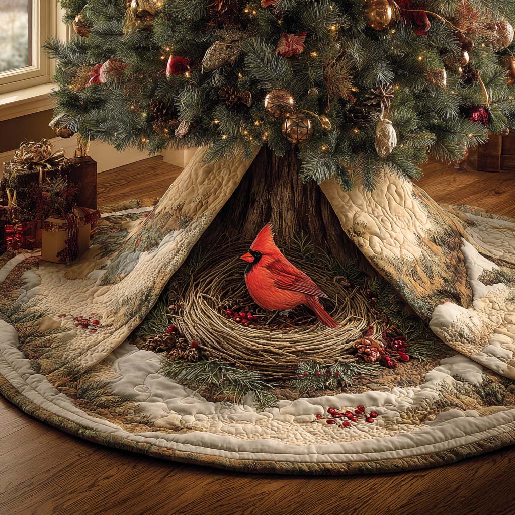 Cozy Forest Hideaway Quilted Tree Skirt Xmas Home Decor Cardinal Gifts For Mom