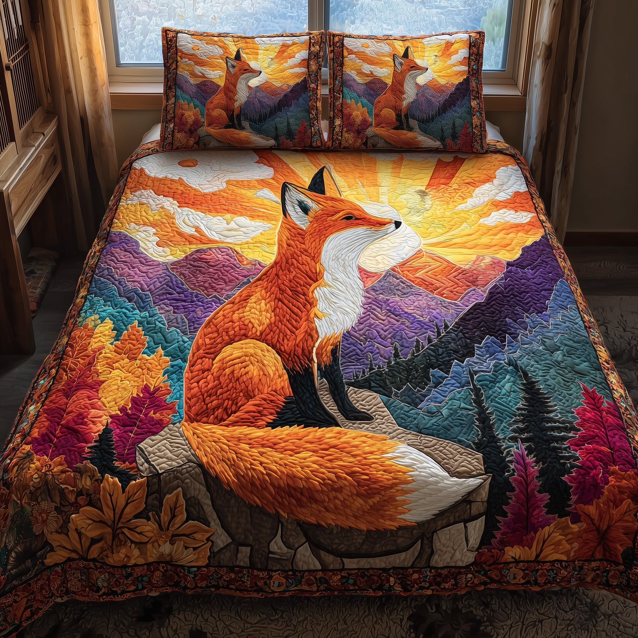 Cozy Fox Nest Quilted Bedding Set Duvet Cover Bedspread Fox Theme Present Autumn