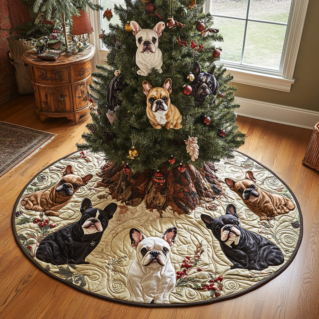 Cozy Frenchie Eve Quilted Christmas Tree Skirt Xmas Tree Stand Cover Bulldog Lover Gifts