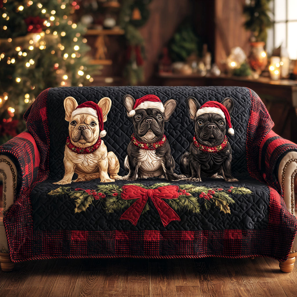 Cozy Frenchies Quilted Sofa Cover Winter Living Room Decor Frenchie Christmas Presents