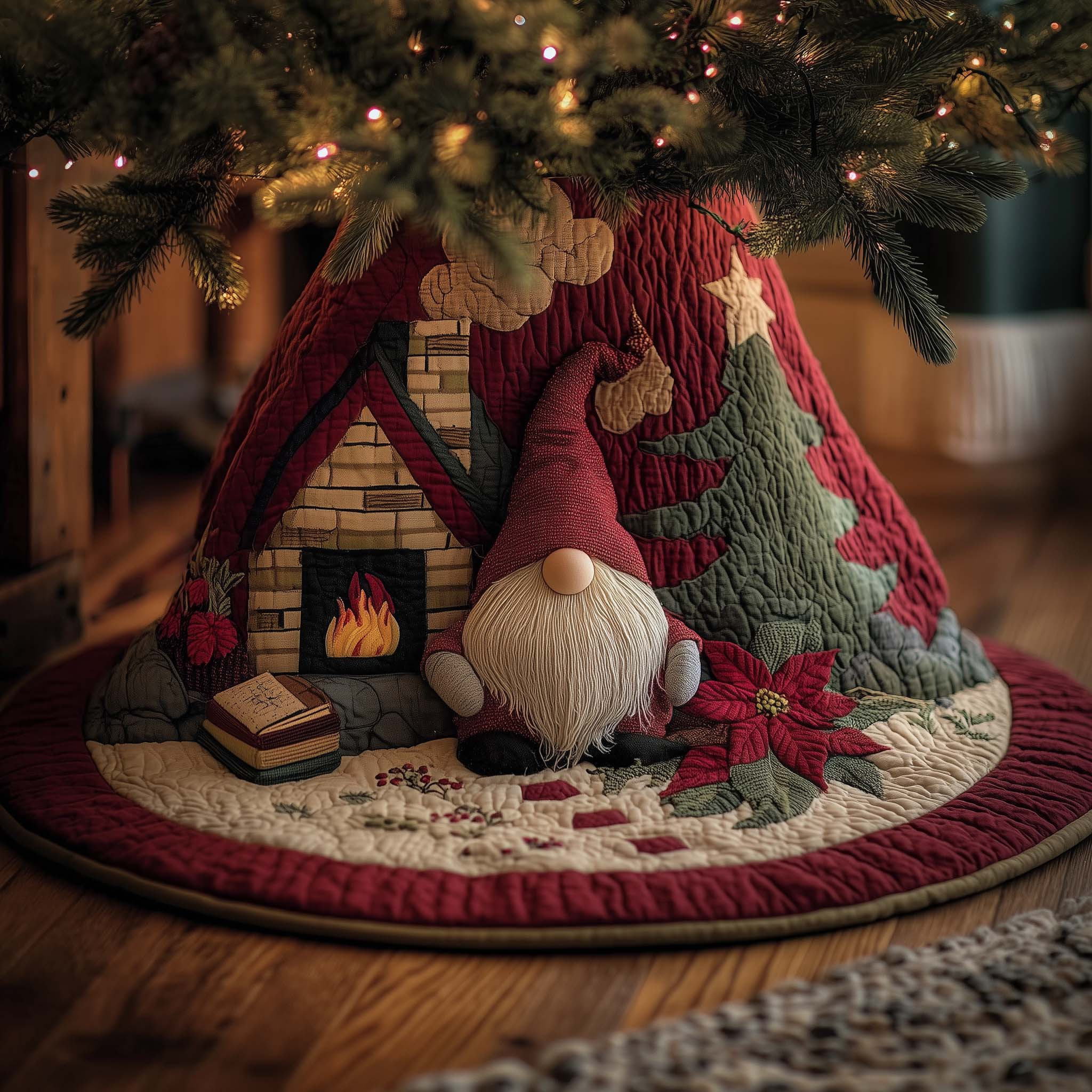 Cozy Gnome By Fireplace Quilted Tree Skirt Christmas Tree Skirt Gnome Lover Xmas Gifts