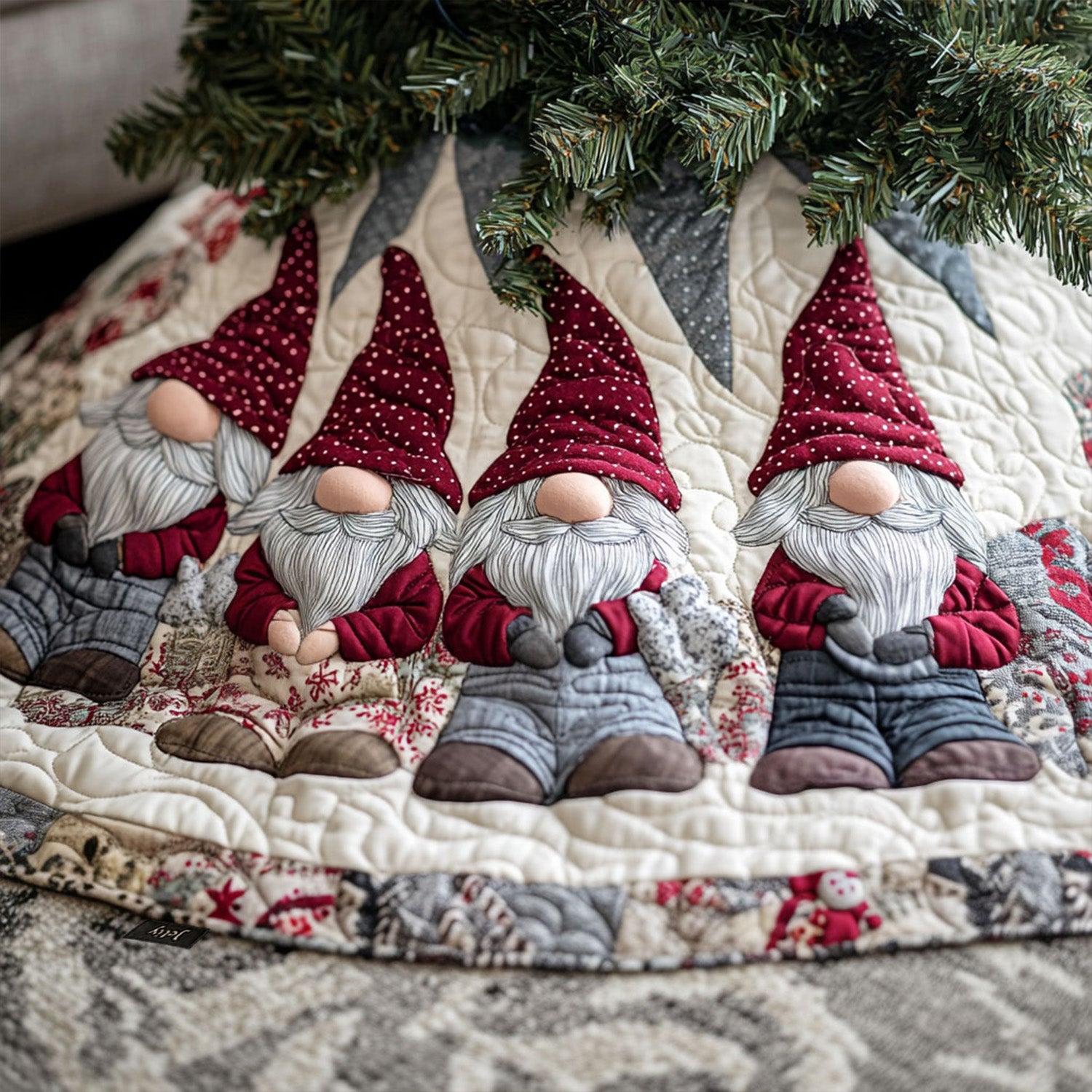 Cozy Gnome Haven Quilted Christmas Tree Skirt Winter Holiday Decor Holiday Living Room Decor
