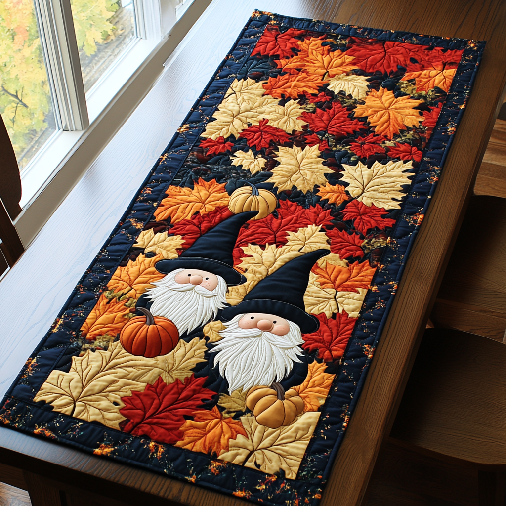 Cozy Gnome Quilted Table Runner Fall Table Throw Gift For Coworker