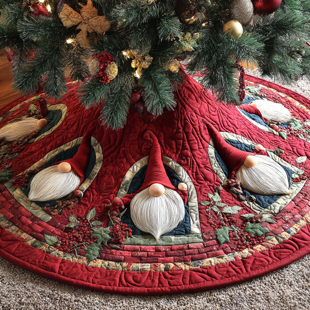 Cozy Gnome Retreat Christmas Quilted Tree Skirt Christmas Tree Decor Unique Xmas Gifts