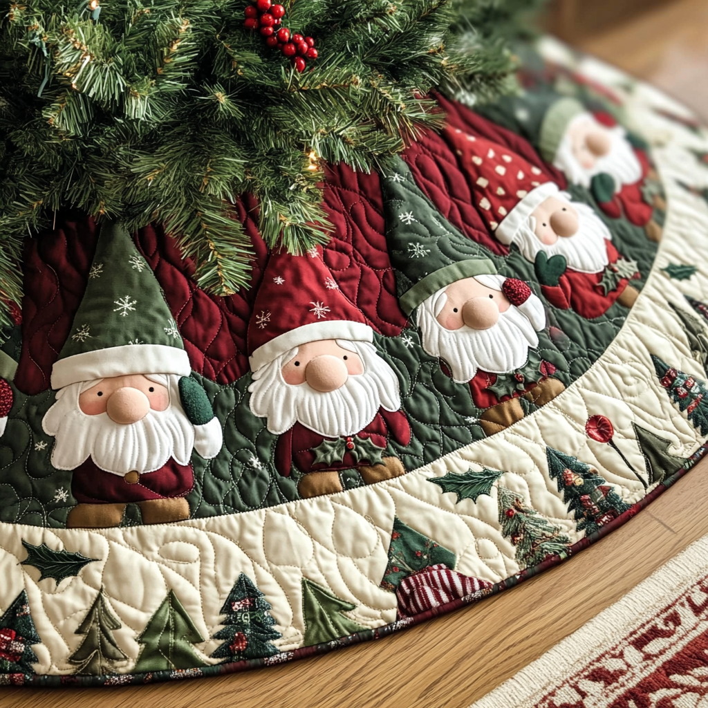 Cozy Gnomes Quilted Christmas Tree Skirt Perfect Holiday Gift for Home Decor Lovers