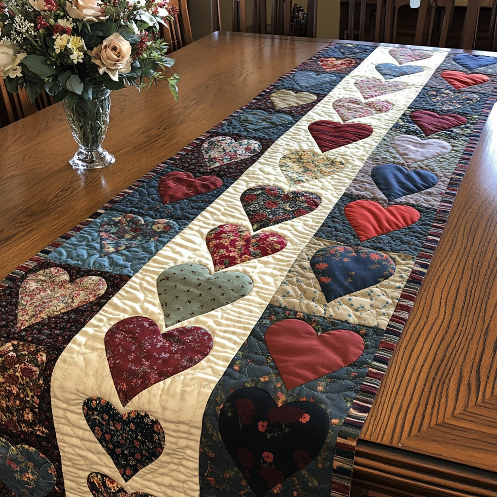 Cozy Heart Quilted Table Runner Flower Table Cover Gift For Coworker