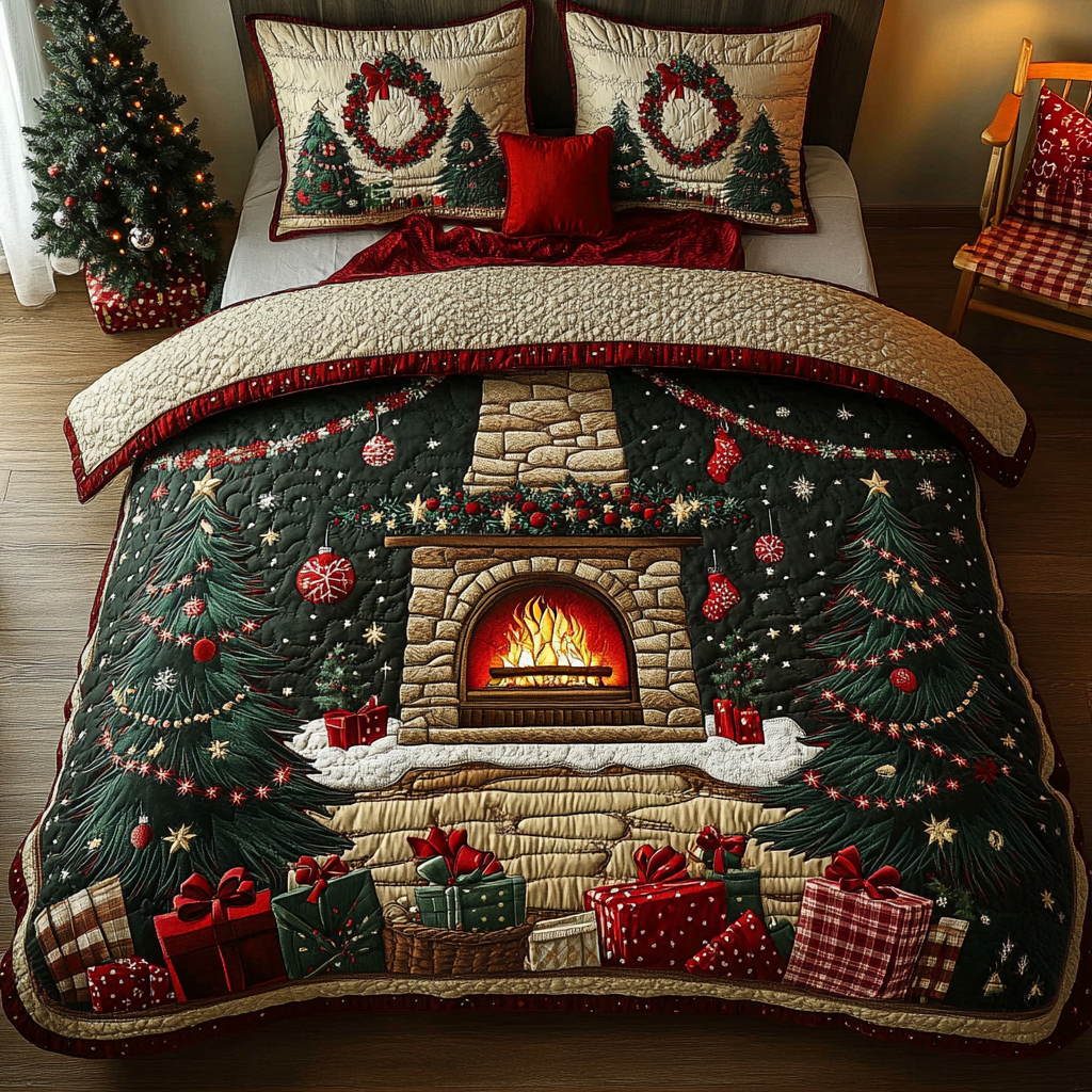 Cozy Hearth Quilted Bedding Set Holiday Season Duvet Cover Set Secret Santa Gift Ideas