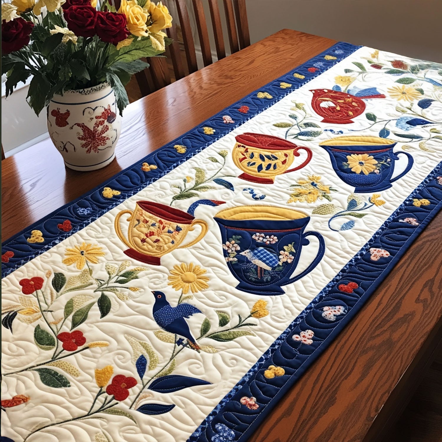 Cozy Heritage Quilted Table Runner Spring Summer Table Runners Gift For Bird Lover