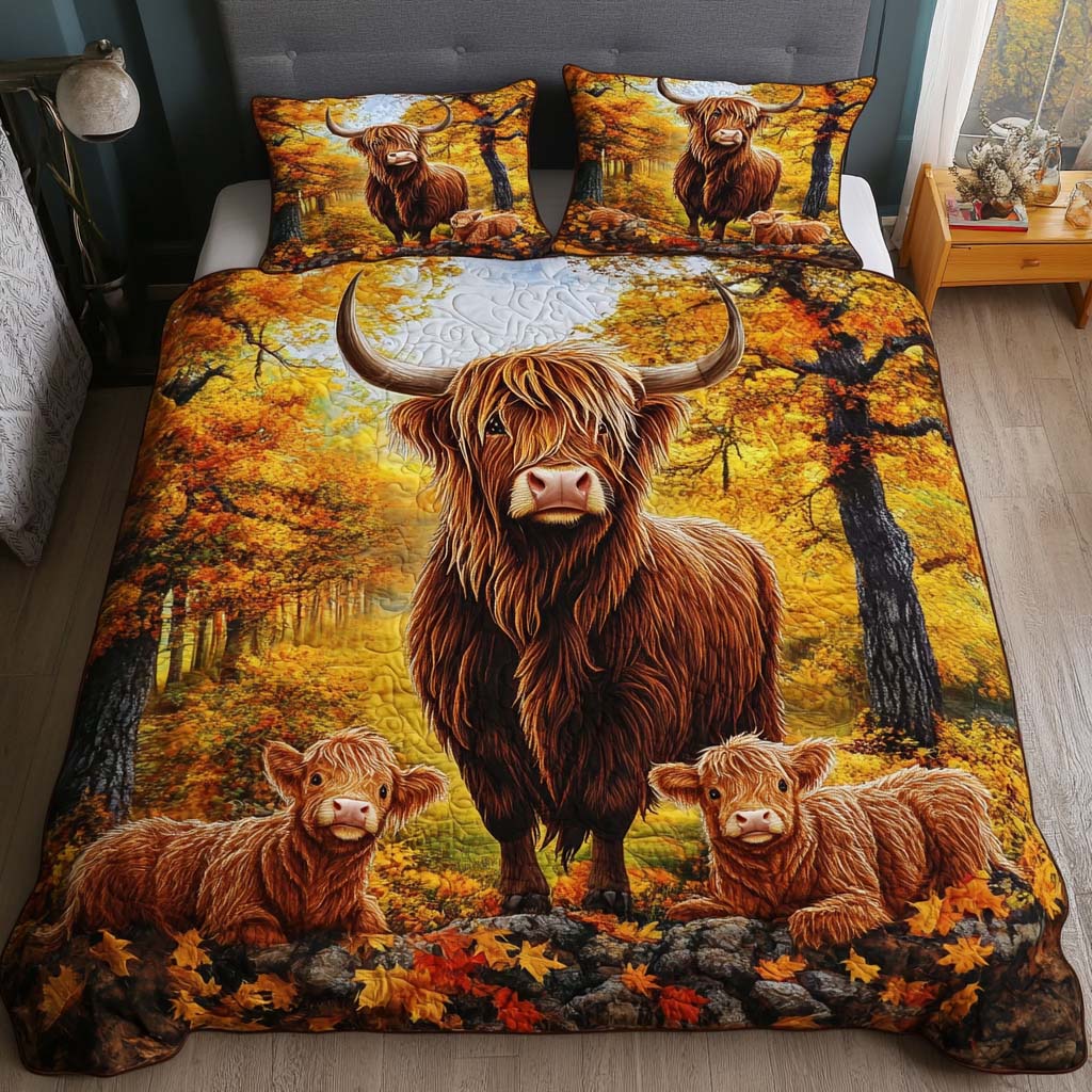 Cozy Highland Quilted Bedding Set Autumn Bed Sheet Set Highland Cow Stuff Gifts