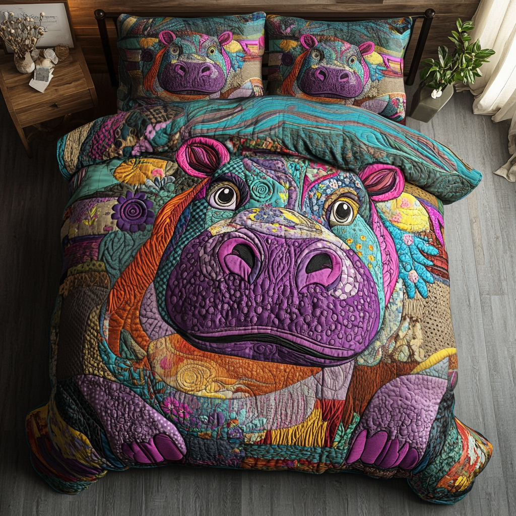 Cozy Hippo Quilted Bedding Set Aesthetic Room Decor Gifts For Hippo Lovers