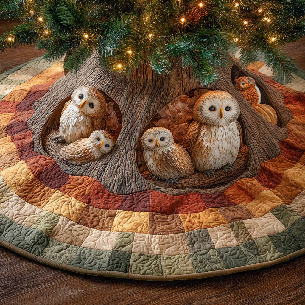 Cozy Hollow Family Quilted Tree Skirt Xmas Tree Bottom Cover Chritsmas Gifts With Owls On Them