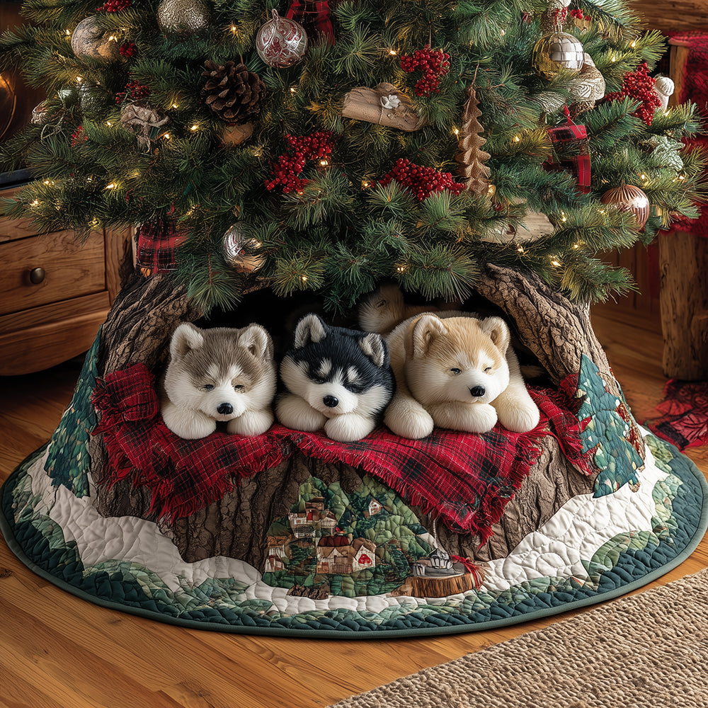 Cozy Husky Nights Christmas Quilted Tree Skirt Holiday Decorations Gifts For Husky Dog Lovers
