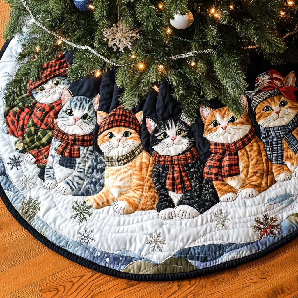 Cozy Kitty Time Christmas Quilted Tree Skirt Winter Home Decor Cat Owner Christmas Gifts