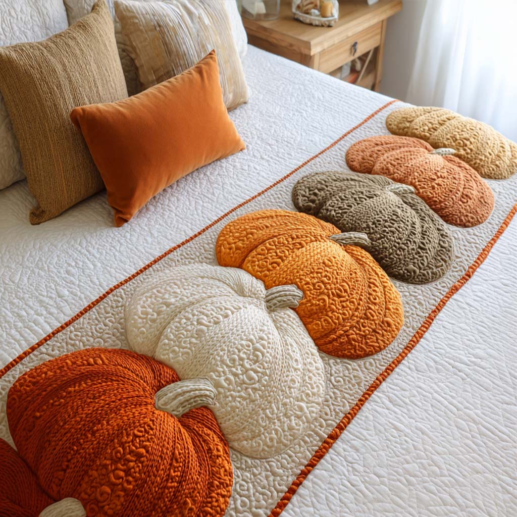 Cozy Knit Pumpkins Quilted Bed Runner Fall Inspired Room Decor Unique Gifts For Family