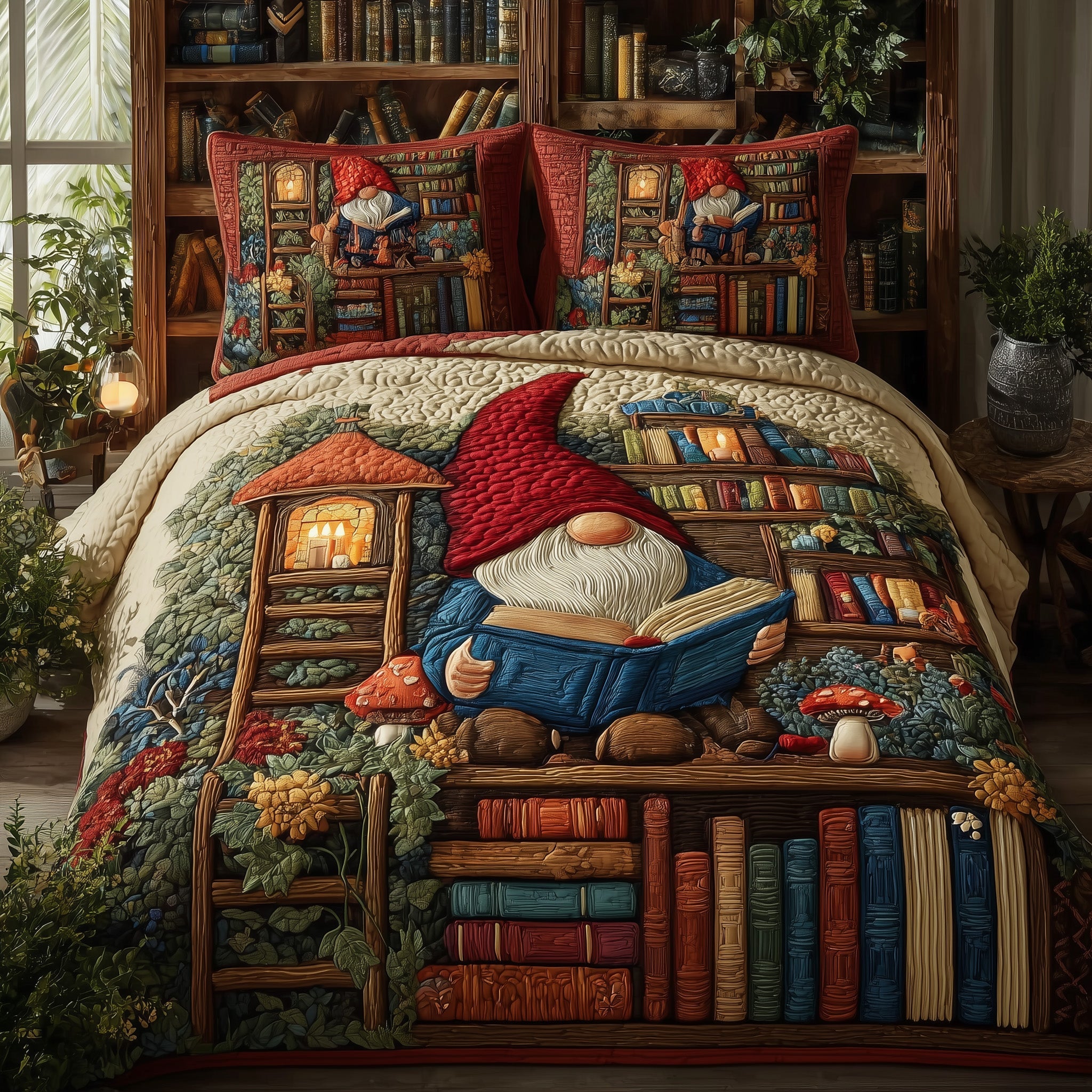 Cozy Library Quilted Bedding Set Duvet Cover Bedspread Great Book Lover Gifts