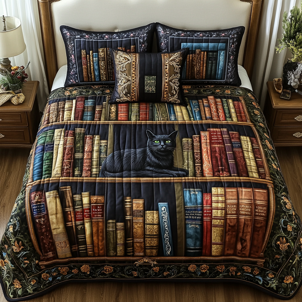 Cozy Library Quilted Bedding Set Xmas Holiday Duvet Cover Set Great Book Lover Presents