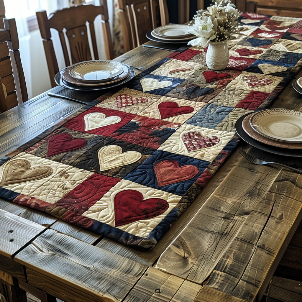 Cozy Patch Hearts Quilted Table Runner Holiday Table Throw Christmas Gifts For Her