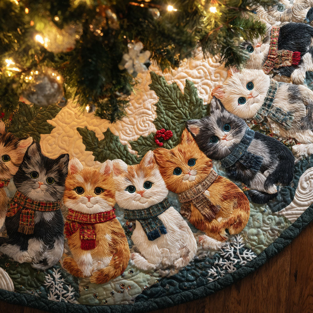 Cozy Paws Christmas Quilted Tree Skirt Xmas Tree Bottom Cover Black Cat Presents